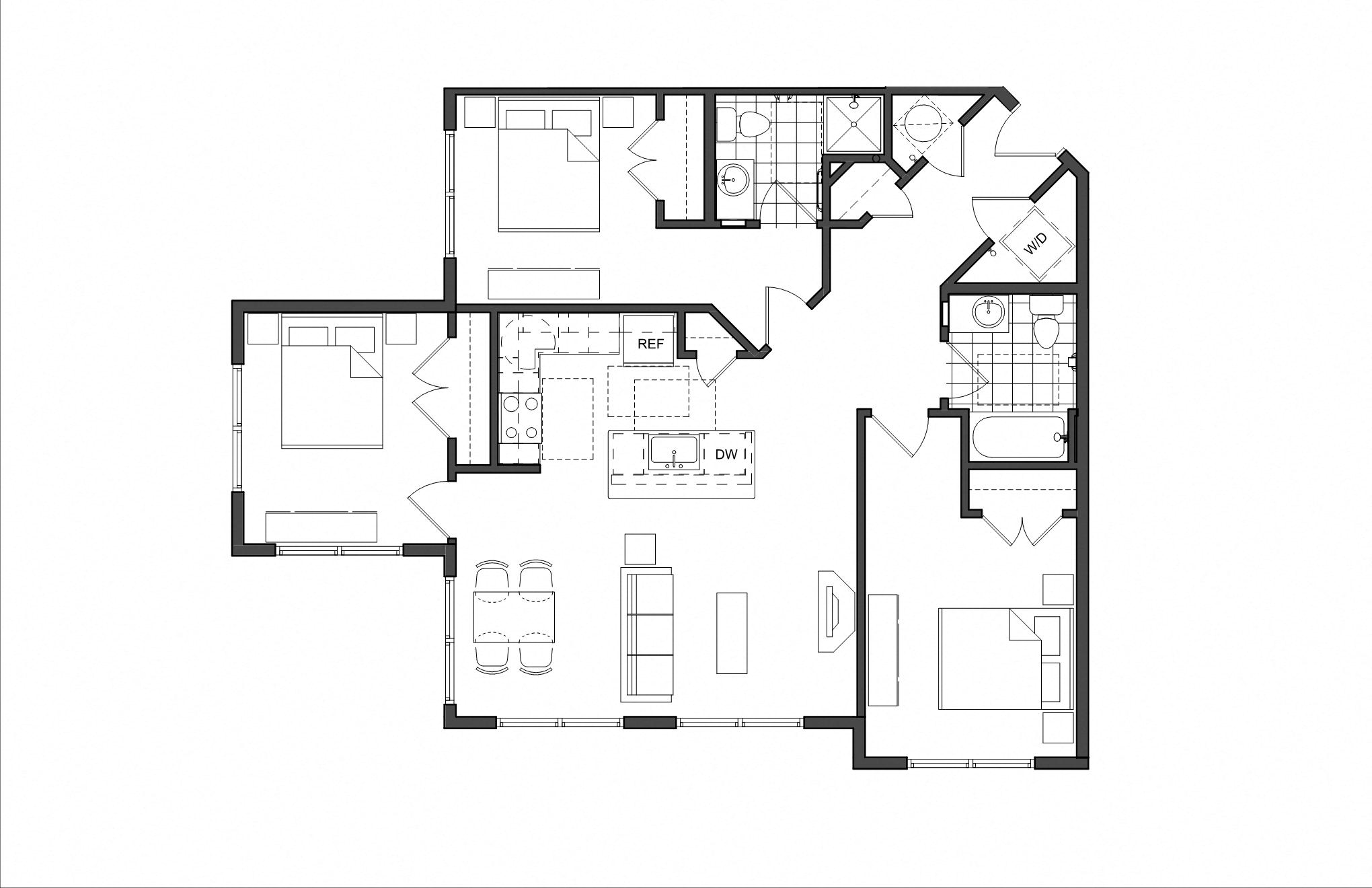 Floor plan for 3 beds, 2 baths, 1080 sqft